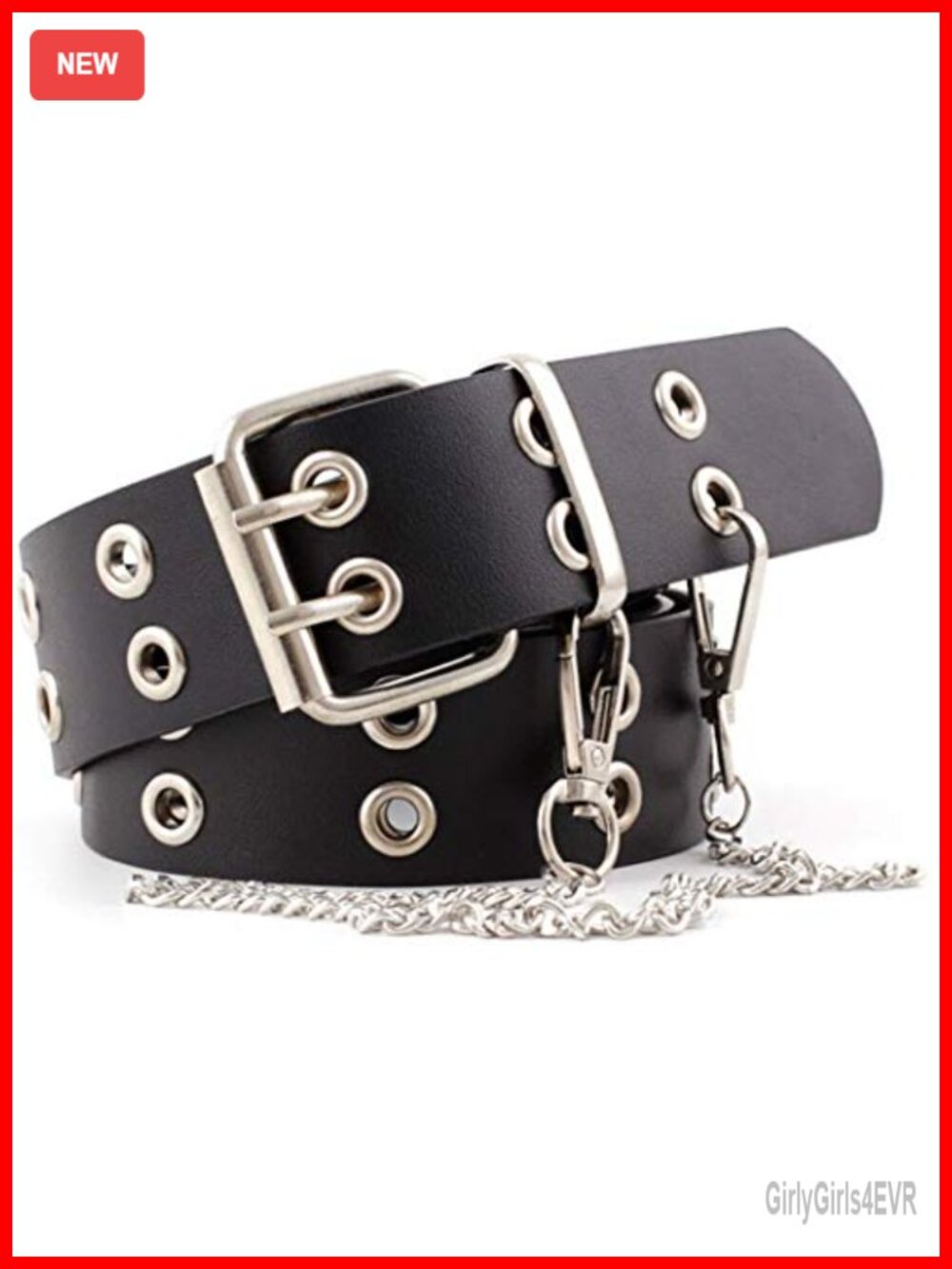 PU Leather Double Grommet Belt with Chain Women Punk Waist Belt